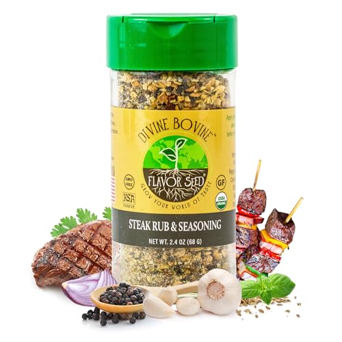 Organic Steak Seasoning & Rub - Divine Bovine by Flavor Seed, Gourmet Spice Blend for Cooking & Grilling Steak, Pork & Vegetables. Carnivore & Keto Friendly, No Sugar, Non GMO, 2.4 oz Shaker Jar
