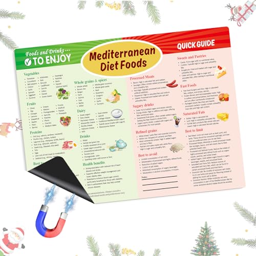 Mediterranean Diet Food Guide Fridge Magnets Mediterranean Diet Cheat Chart,Nutrition Grocery List Refrigerator Magnets,Mediterranean Diet Cookbook Healthy Food List for Kitchen & Dining Room,8x12in