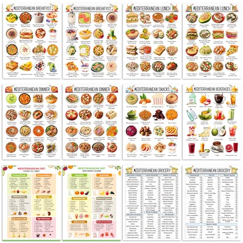 iyouthlife 12 Pcs Mediterranean Diet Chart Food List, Grocery List Health Food Guide for Daily Diet Plan, Heart Healthy Easy Recipes for Beginners