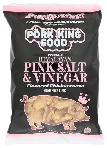 Pork King Good Himalayan Pink Salt & Vinegar Pork Rinds 7 OZ FAMILY SIZE (Chicharrones - Keto Snacks)