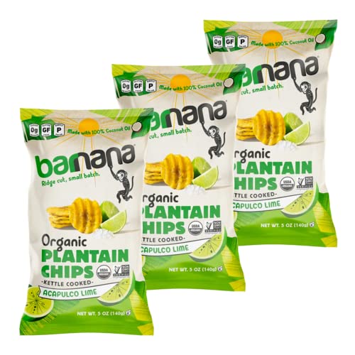 Barnana Organic Plantain Chips - Acapulco Lime - 5 Ounce, 3 Pack Plantains - Barnana Salty, Crunchy, Thick Sliced Snack - Best Chip For Your Everyday Life - Cooked in Premium Coconut Oil