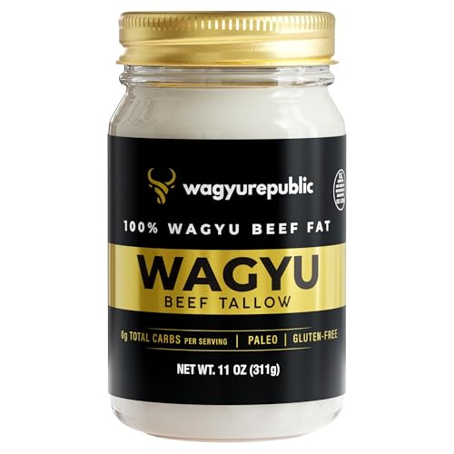 Wagyu Republic Beef Tallow ⎸11oz Glass Jar, Grass Fed Wagyu Beef Tallow, Great for Cooking Steak or as Tallow Balm ⎸ Keto, Gluten Free Protein Snacks for Adults, Perfect for Whole 30 or Carnivore Diet