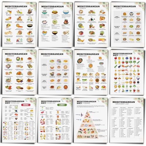 Sinload 12 Pcs Mediterranean Diet Meal Plan Mediterranean Food List Grocery List Health Food Guide for Beginners Kitchen Wall Decor