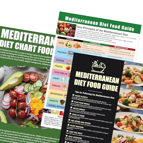 Mediterranean Diet Chart Food List, Mediterranean Ingredient Meal Plan, Serving Sizes Calories Net Carbs, Weight Loss Diet, Diabetes-Friendly, Heart Healthy, Easy Recipes for Beginners, Set of 3